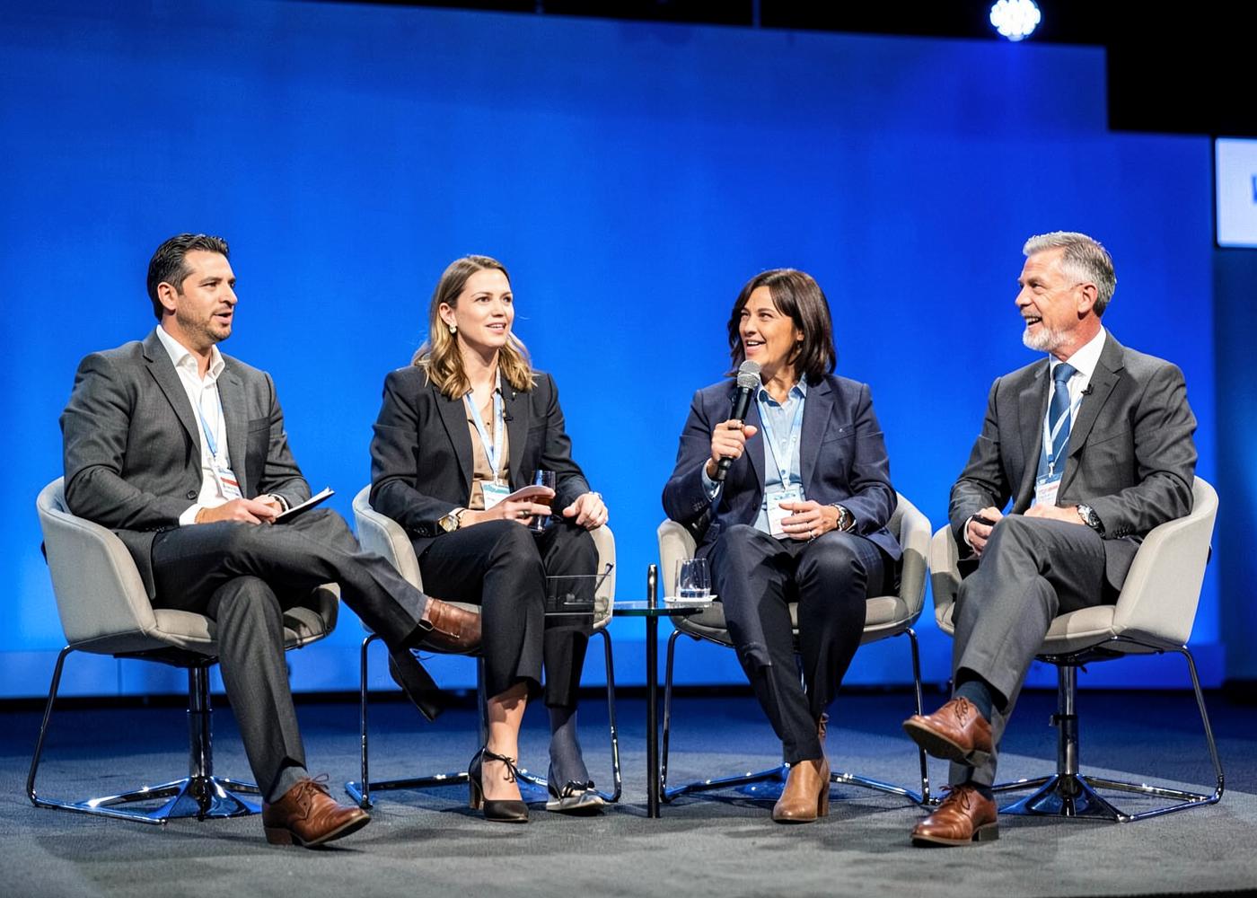 Diverse executives sharing perspectives during a panel discussion